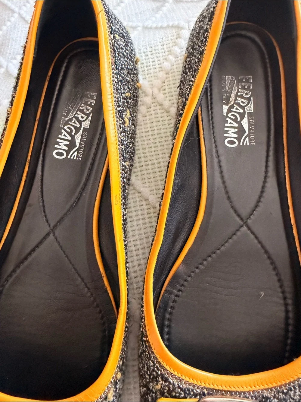 Salvatore Ferragamo Black and Mustard Tweed Vara Bow Flats